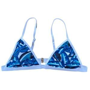 Blue & White Banana Leaf Print Triangle Spaghettini Strap Bikini Top Size XL
